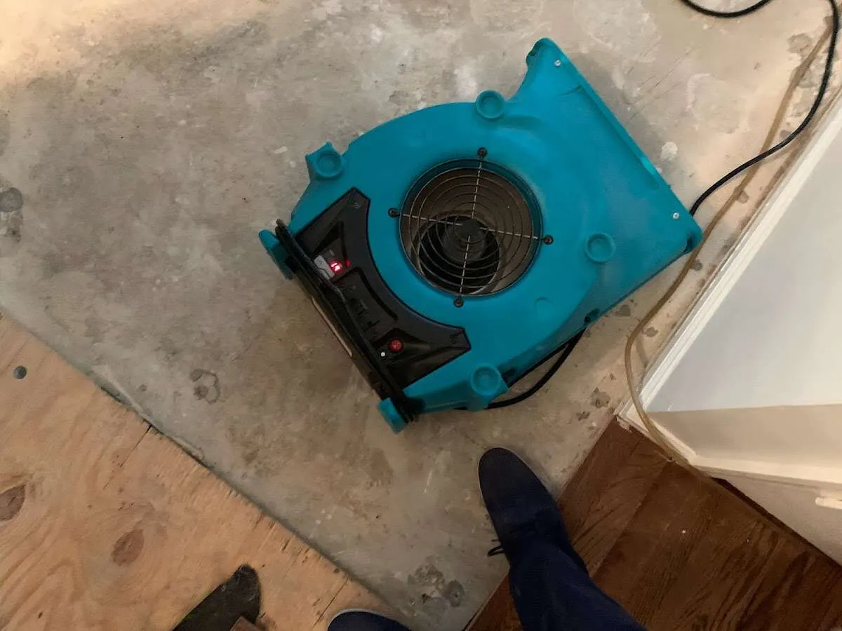 Air mover drying subfloor during Commercial Water Damage Restoration in Tamaqua